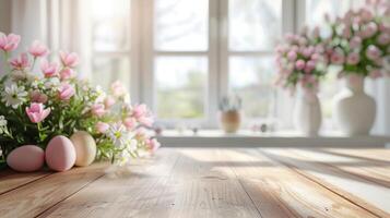 ai generado resumen de madera mesa con Pascua de Resurrección huevos y flor, Copiar espacio terminado borroso ventana interior fondo, monitor para producto montaje foto