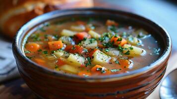 ai generado un cuenco de hecho en casa sopa lleno con Fresco vegetales foto