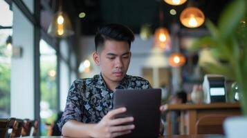 ai generado asiático digital nómada joven hombre utilizando digital tableta a el cafetería, trabajando remoto y tecnología concepto foto