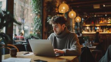 ai generado digital nómada joven hombre utilizando ordenador portátil computadora a el cafetería, trabajando remoto y tecnología concepto foto