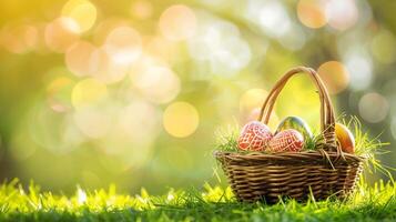 ai generado Pascua de Resurrección cesta lleno con vistoso huevos y flores en el verde césped con primavera jardín fondo, contento Pascua de Resurrección foto