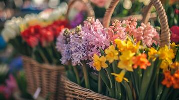 AI generated A close up shot of colorful spring flowers arranged in a basket symbolizing the beauty of the season photo