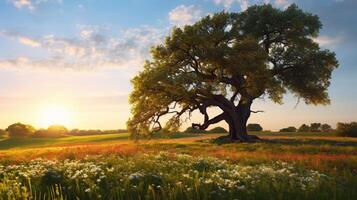 AI generated A solitary oak tree amidst a field of wildflowers photo