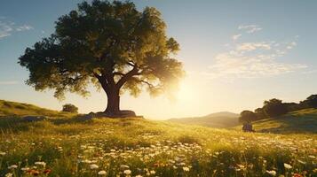 AI generated A solitary oak tree amidst a field of wildflowers photo