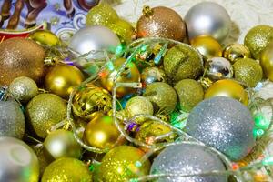 christmas background with bubbles, colorful christmas lights, christmas decorations photo