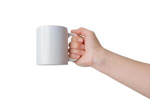 Hand holding a clean white mug isolated. For Print-on-Demand design promotion. Perfect for showcasing custom designs and personalized creations photo
