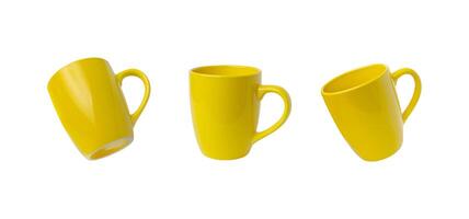 Yellow mug in three isolated positions. Versatile image ideal for Print-on-Demand design promotion. Perfect for marketing and advertising photo