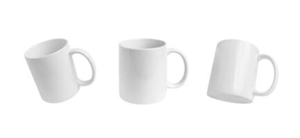 Three isolated positions showcase a classic white mug. Versatile image perfect for Print-on-Demand design promotion, marketing, and advertising photo