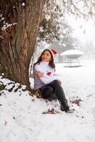 bonito joven mujer en invierno parque, rojo peludo niña en el parque en invierno foto