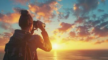 ai generado un persona mirando mediante prismáticos hacia el horizonte simbolizando el previsión y visión necesario para objetivo ajuste en negocio foto