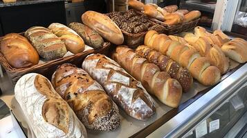 AI generated Colorful assortment of artisanal bread loaves at a bakery photo