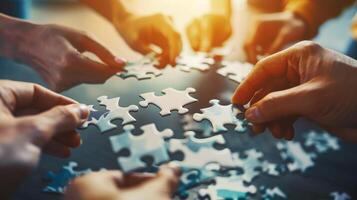 AI generated A puzzle being assembled by a team each piece representing a different aspect of their business vision and goals coming together photo