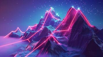 AI generated Success concept background about business success using mountain peaks and neon dot line to the top photo