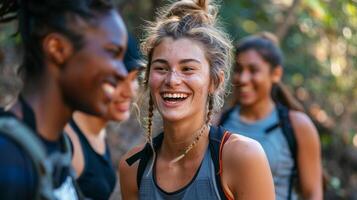 AI generated A group of friends laughing together during a fitness boot camp photo