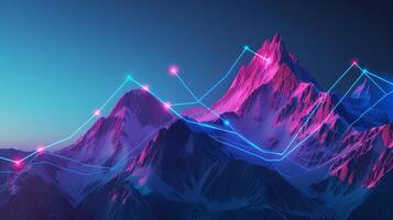 AI generated Success concept background about business success using mountain peaks and neon dot line to the top photo