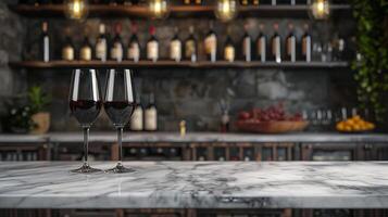 AI generated A blank marble tabletop with blurred wine glasses and bottles in the background suitable for showcasing wine or beverage products photo