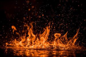 AI generated Fiery sparks on black Details of blazing flames isolated on a dark background. created with Generative AI photo