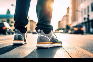 ai generado urbano paso de cerca de del hombre deporte zapatilla de deporte caminando en calle con confianza. creado con generativo ai foto