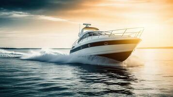 AI generated Dawn Cruise on a Luxurious Motor Boat Sailing the Sea. created with Generative AI photo