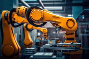 AI generated Smart Industrial Automation Advanced Robotic Arm in Modern Factory. created with Generative AI photo