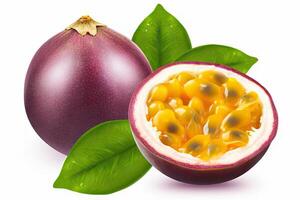 AI generated Exotic Passion Fruit with Lush Leaves Isolated on a White Background. created with Generative AI photo