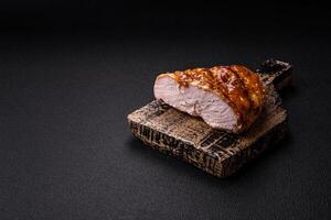 Delicious smoked ham or chicken meat with salt, spices and french mustard photo