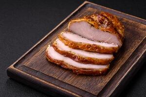 Delicious smoked ham or chicken meat with salt, spices and french mustard photo