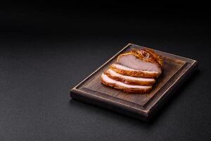 Delicious smoked ham or chicken meat with salt, spices and french mustard photo
