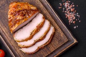 Delicious smoked ham or chicken meat with salt, spices and french mustard photo