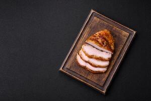 Delicious smoked ham or chicken meat with salt, spices and french mustard photo