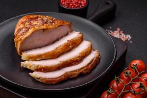Delicious smoked ham or chicken meat with salt, spices and french mustard photo