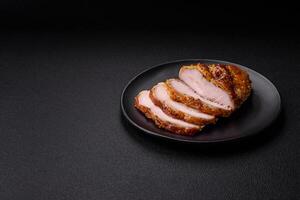 Delicious smoked ham or chicken meat with salt, spices and french mustard photo