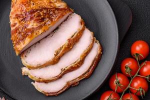 Delicious smoked ham or chicken meat with salt, spices and french mustard photo