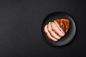 Delicious smoked ham or chicken meat with salt, spices and french mustard photo