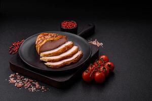 Delicious smoked ham or chicken meat with salt, spices and french mustard photo