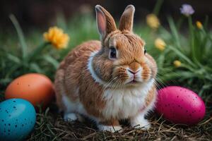 AI generated colorful Cute easter bunny rabbit and cute smile photo