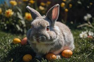ai generado vistoso linda Pascua de Resurrección conejito Conejo y linda sonrisa foto