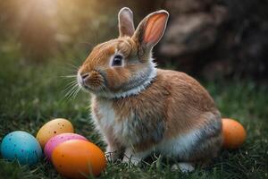 ai generado vistoso linda Pascua de Resurrección conejito Conejo y linda sonrisa foto