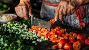 AI generated A close up of a persons hands chopping fresh vegetables photo