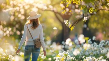 AI generated A woman enjoying a leisurely walk in a park admiring the spring blooms and soaking up the sunshine photo