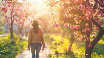 AI generated A woman enjoying a leisurely walk in a park admiring the spring blooms and soaking up the sunshine photo