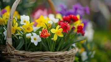 AI generated A close up shot of colorful spring flowers arranged in a basket symbolizing the beauty of the season photo