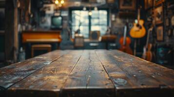 AI generated A blank wooden tabletop with blurred musical instruments and sheet music in the background ideal for promoting music related products photo