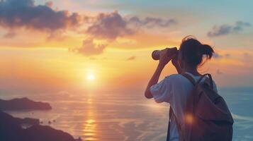 ai generado un persona mirando mediante prismáticos hacia el horizonte simbolizando el previsión y visión necesario para objetivo ajuste en negocio foto