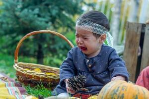 el pequeño niño jugando en el parque con frutas, pequeño niña en el otoño parque foto