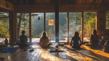 ai generado meditación retirada fotografía un retirada ajuste con personas meditando en un tranquilo ambiente tal como un aislado monasterio rústico cabina o bienestar retirada centrar enfatizando el foto