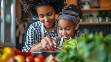 ai generado un madre y hija Cocinando un nutritivo comida juntos en el cocina, familia hora foto