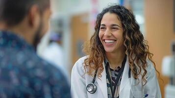 ai generado un sonriente médico que se discute preventivo cuidado de la salud con un paciente foto