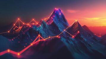 AI generated Success concept background about business success using mountain peaks and neon dot line to the top photo