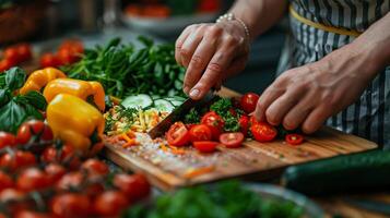 ai generado un cerca arriba de un personas manos el cortar Fresco vegetales foto